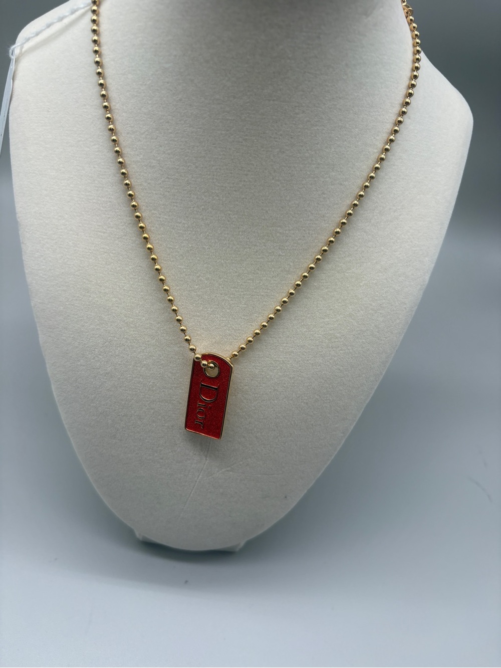 Dior Gold Bead Necklace with Red Leather Tag Pendant